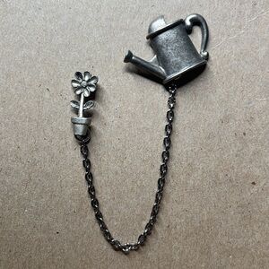 Vintage Amy pewter Water Can & Flower in pot Lapel Tack Pin W/ Chain brooch